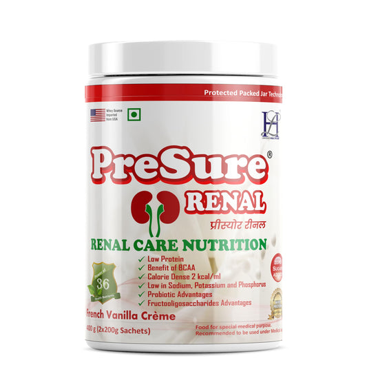 PreSure RENAL care nutrition Management of Patient with kidney disaease whey protein French Vanilla Creme Flavour 400 gm