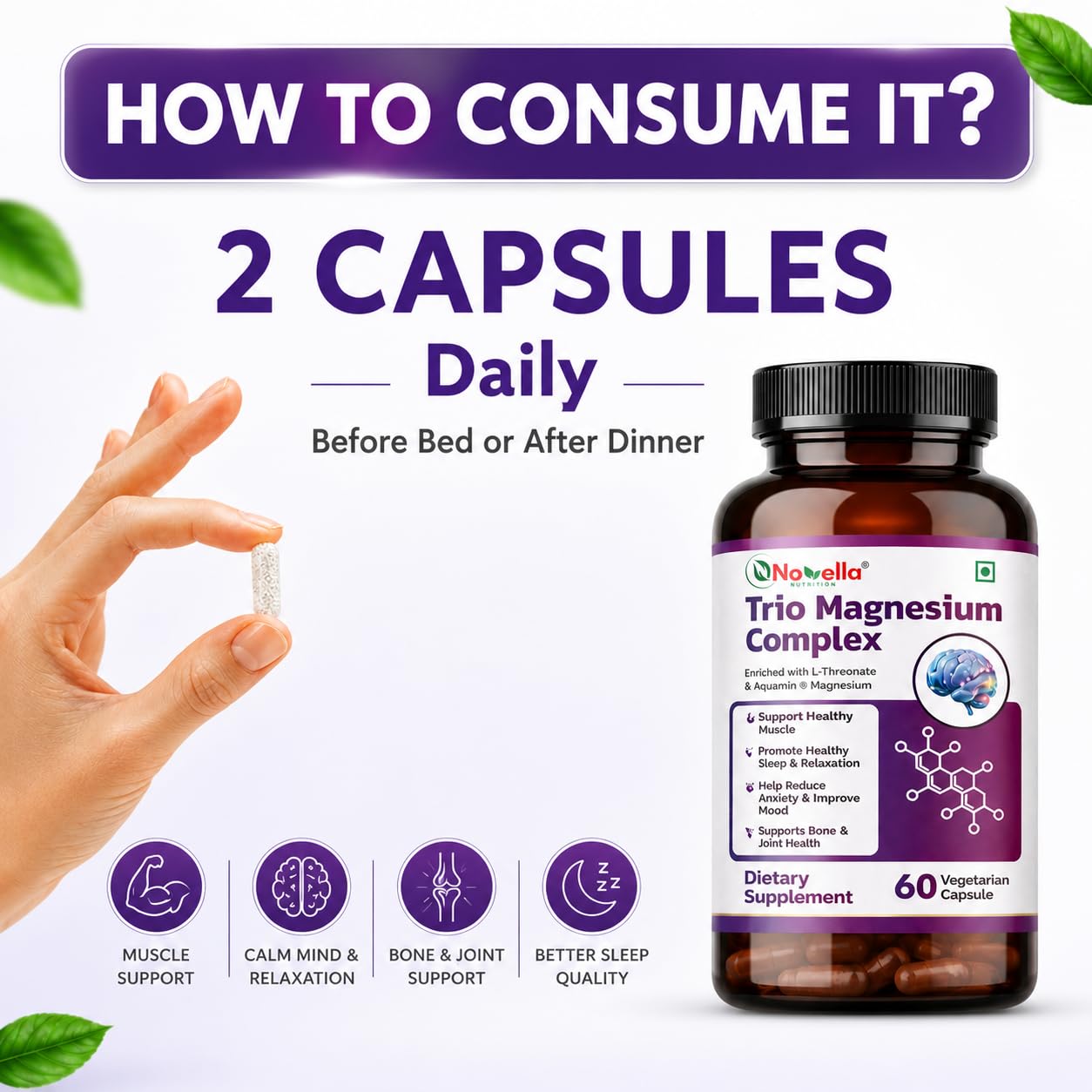 Novella Magnesium Complex – Triple Magnesium Formula with glycinate,Citrate & L-Threonate, Supports Muscles Recovery & Cramp,Better Sleep & Bone Strength – 60 Veg Capsules