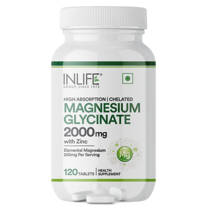 INLIFE Magnesium Glycinate Unbuffered 2000mg with Zinc, Chelated Bisglycinate, Muscle Sleep & Nerve Health, Men Women, 120 Tablets