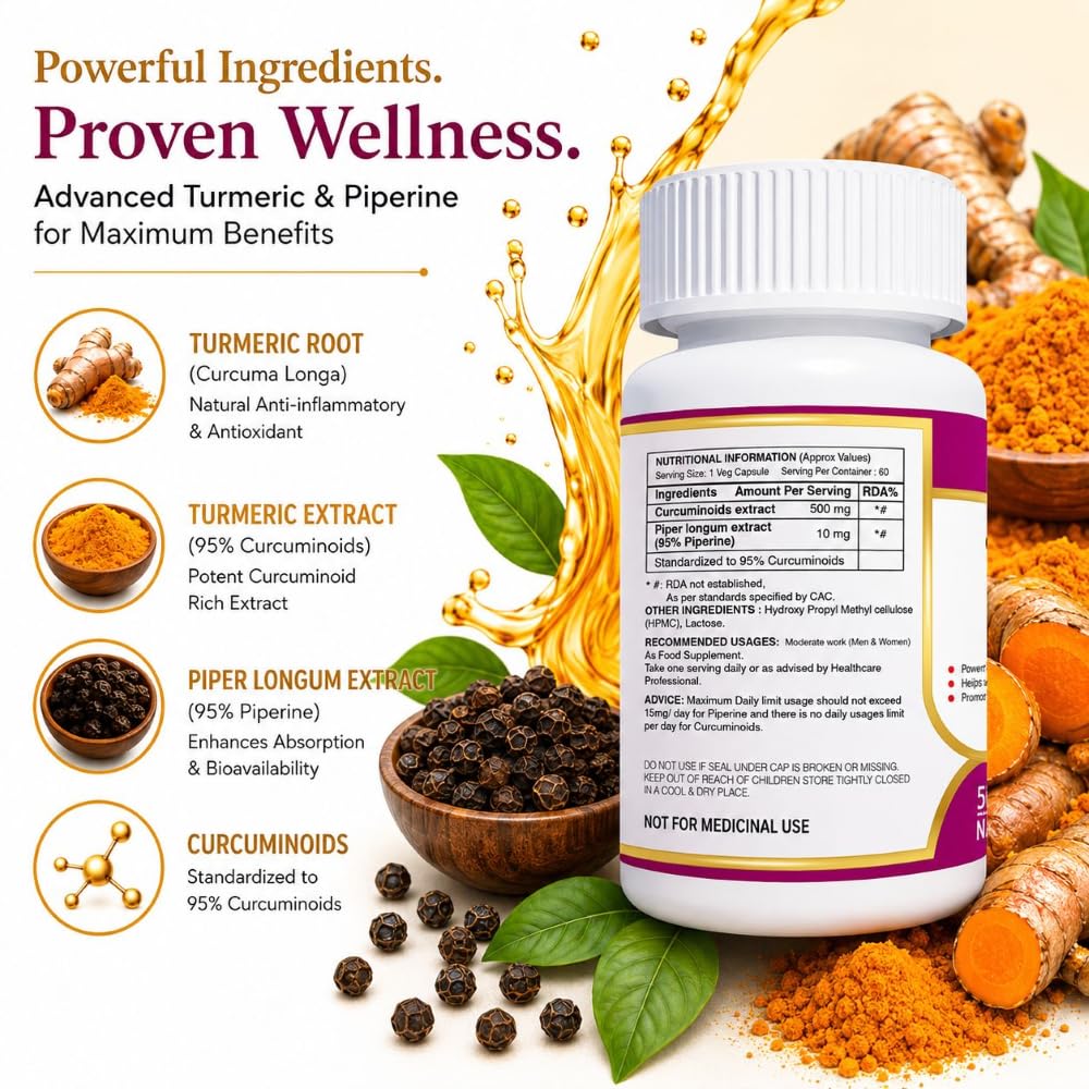 ANJIX Curcumin Capsules with Piperine 500mg | 95% Curcumin Turmeric Extract | Supports Immune Health, Joint Comfort & Overall Wellness | 60 Vegetarian Capsules