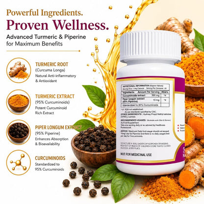 ANJIX Curcumin Capsules with Piperine 500mg | 95% Curcumin Turmeric Extract | Supports Immune Health, Joint Comfort & Overall Wellness | 60 Vegetarian Capsules