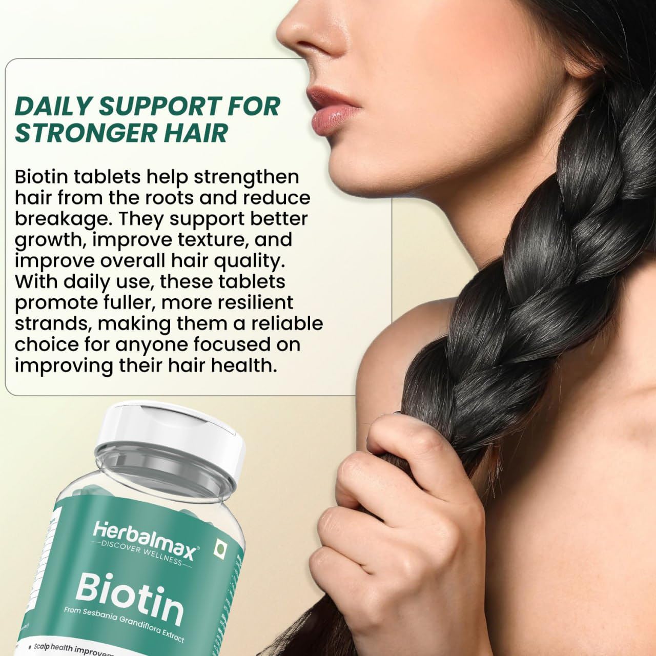 Herbalmax Biotin Tablets for Hair Growth | 10000 mcg Biotin Tablet with Sesbania Grandiflora Extract – Hair Strength & Vitamin B7 Hair Care for Men & Women | 30 Veg Tablets