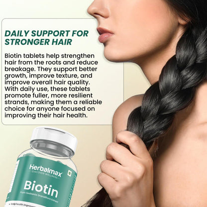 Herbalmax Biotin Tablets for Hair Growth | 10000 mcg Biotin Tablet with Sesbania Grandiflora Extract – Hair Strength & Vitamin B7 Hair Care for Men & Women | 30 Veg Tablets