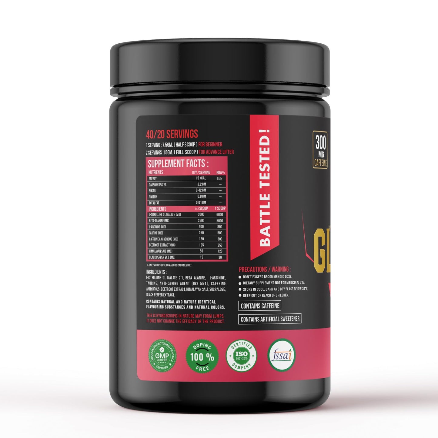 BEN Gladiator Pre-Workout 300 gm Watermelon |300 mg Natural CAFFEINE|EXTREME Pre Workout|6 gm L-Citrulline|Lazer Focus& INSANE pumps