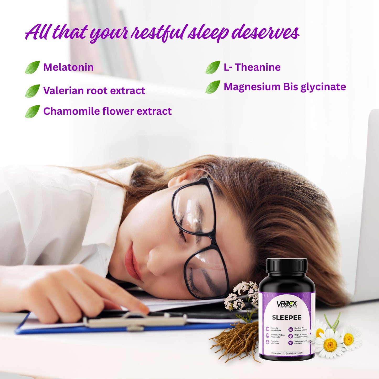 VREEX SLEEPEE with Natural Ingredients Melatonin, Valerian Root, Chamomile, L-Theanine & Magnesium Bisglycinate – Relax & Sleep Support (60 Veg Capsules)