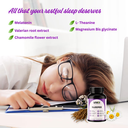 VREEX SLEEPEE with Natural Ingredients Melatonin, Valerian Root, Chamomile, L-Theanine & Magnesium Bisglycinate – Relax & Sleep Support (60 Veg Capsules)