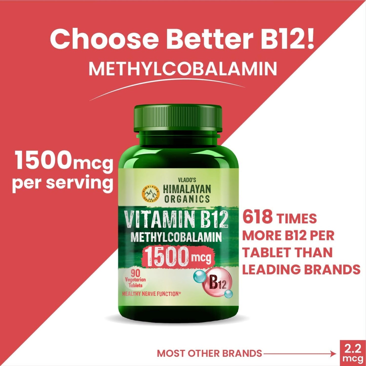 Vlado's Himalayan Organics Vitamin B12 Tablets 1500 mcg -Active form of Methylcobalamin Vitamin B12 Supplements for Men & Women - Pack of 2-180 Veg Tablets