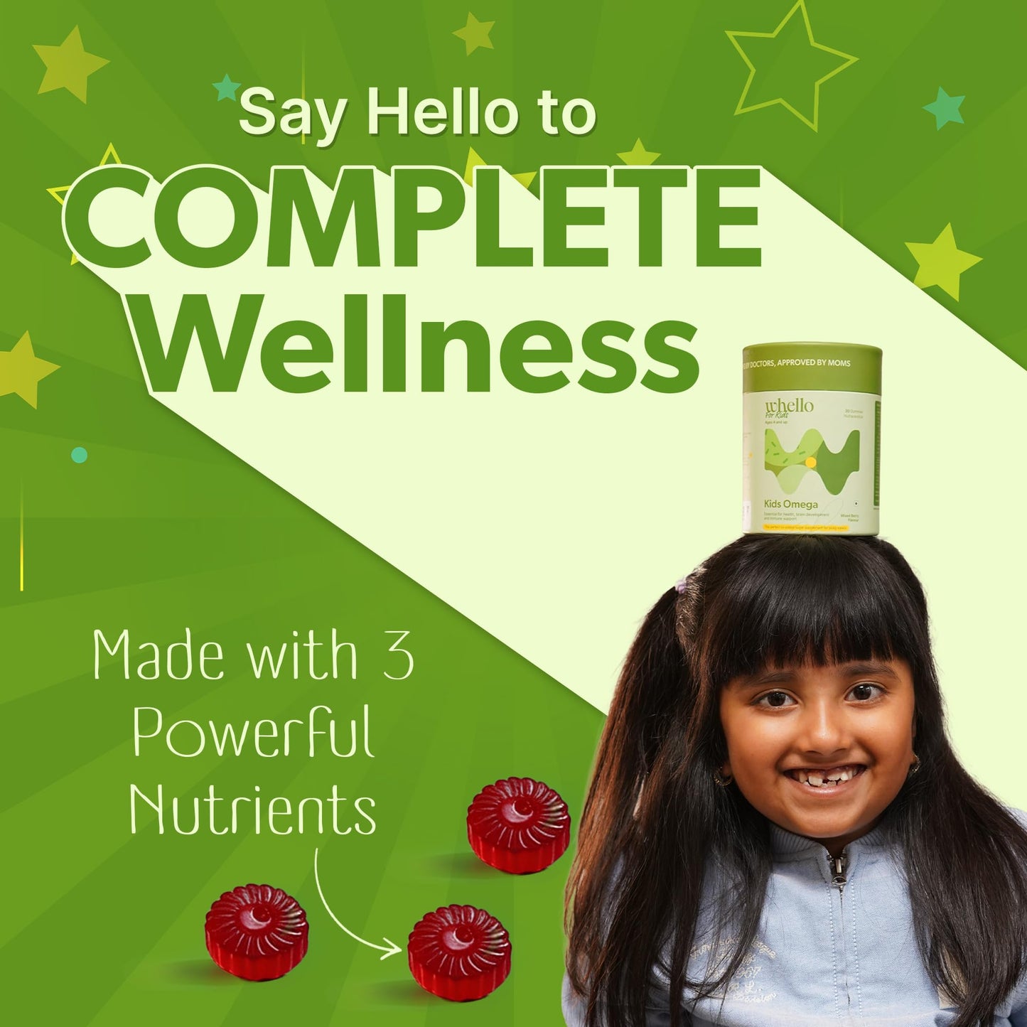 WHELLO Omega Gummies for Kids Age 4+ | No Added Sugar 30 Gummies | 100% Vegan - Mixed Berry Flavor | Improved Brain Development & Immune Support Supplements | Omega 3 with Vitamin C, Flaxseed Oil