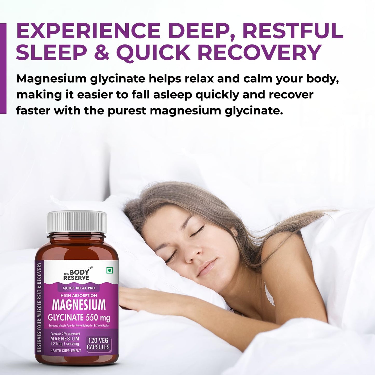 The Body Reserve Magnesium Glycinate Supplement - 120 Vegetable Capsules, 550mg Per Serving, High Absorption Chelated Form - Supports Muscle & Nerve Health, Aids Relaxation for Men & Women