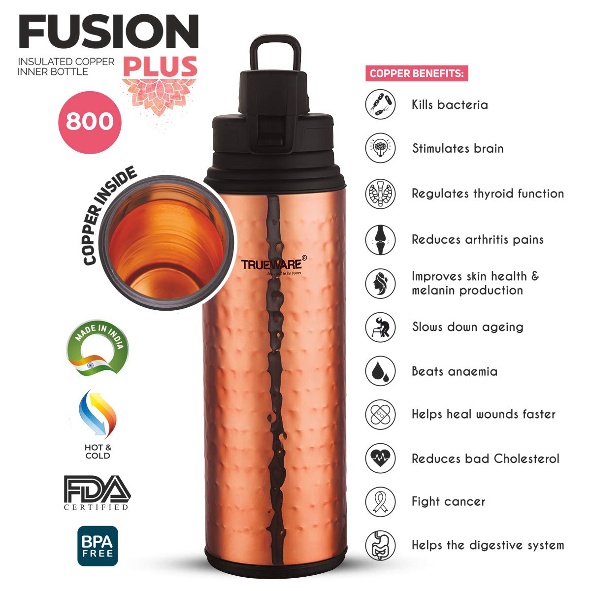 Trueware Copper Fusion 800 Insulated Inner Stainless Steel Water Bottle, 600 ml, Stainless steel finish| Inside Copper | Leak Proof | BPA Free | Hot or Cold for Hours | Office | Gym | Hiking | Treking | Travel Bottle |Hammered Finish