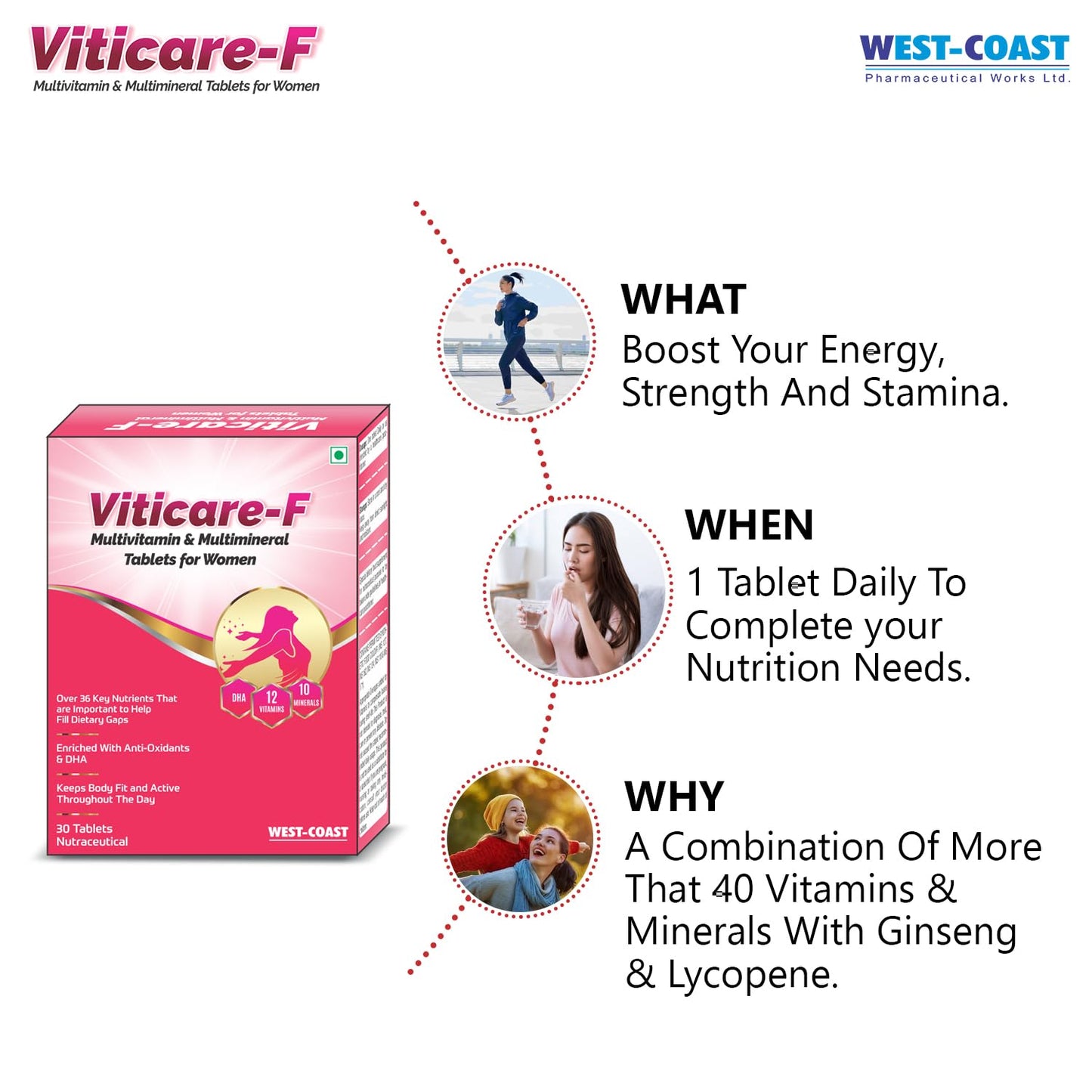 WEST-COAST Viticare F Multivitamin, Multimineral & Antioxidants Tablets, over 24+ key nutrients for daily nutritional requirement with grape seed extract - 30 Tablets