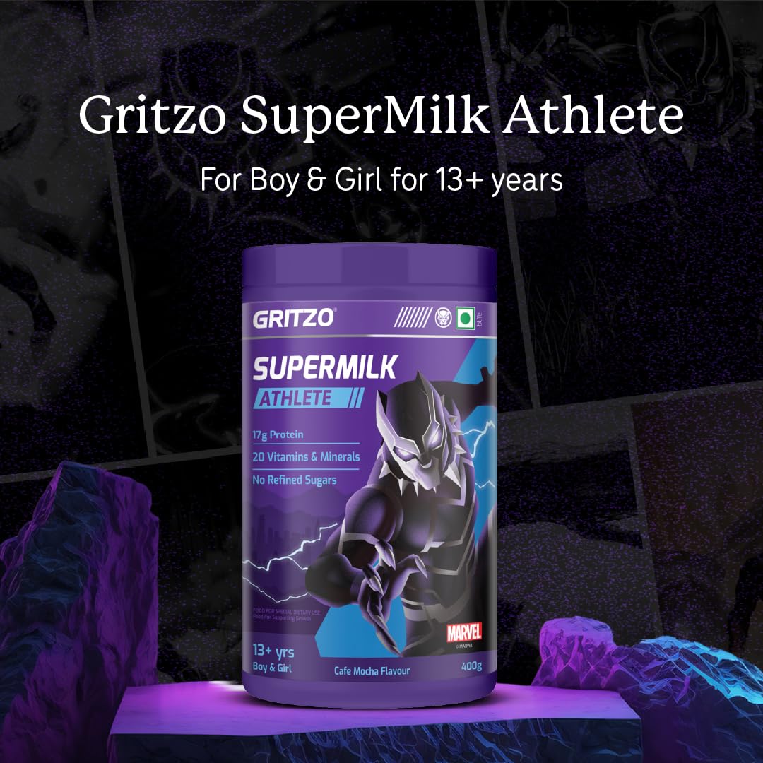 Gritzo SuperMilk Athlete Black Panther (13+y Boy & Girl), 17g Protein Powder (Cafe Mocha, 400g) | No Refined Sugars, 20 Vitamins & Minerals