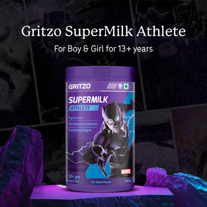 Gritzo SuperMilk Athlete Black Panther (13+y Boy & Girl), 17g Protein Powder (Cafe Mocha, 400g) | No Refined Sugars, 20 Vitamins & Minerals