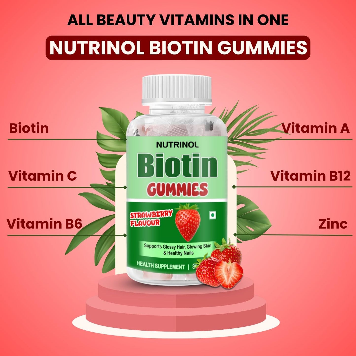 Knoll Healthcare Nutrinol Biotin Hair Gummies (60N) | No Added Sugar | With Biotin, DHT Blockers, Vitamin A, C, E, Fibre & Zinc | For Stronger and Healthier Hair | 100% Veg & Gut Friendly | Strawberry Flavour