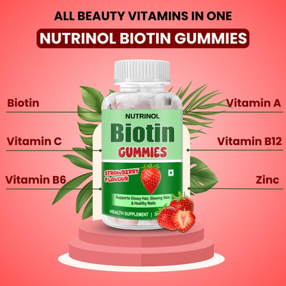 Knoll Healthcare Nutrinol Biotin Hair Gummies (60N) | No Added Sugar | With Biotin, DHT Blockers, Vitamin A, C, E, Fibre & Zinc | For Stronger and Healthier Hair | 100% Veg & Gut Friendly | Strawberry Flavour