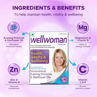 Wellwoman Multivitamin Capsules For Women With Evening Primrose Oil,Magnesium,Vitamin C,B6,Folic Acid To Provide All Round Nutrition,Immunity,Helps Reduce Pms,Pcos Symptoms,30 Veg Capsules,200 grams