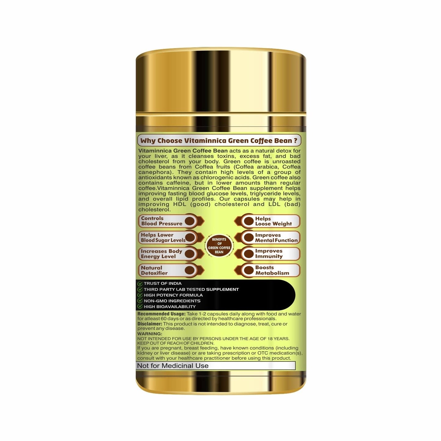 Vitaminnica Green Coffee Bean Extract Capsules for Weight Management – Metabolism & Energy Support Supplement for Men & Women – 60 Vegetarian Capsules
