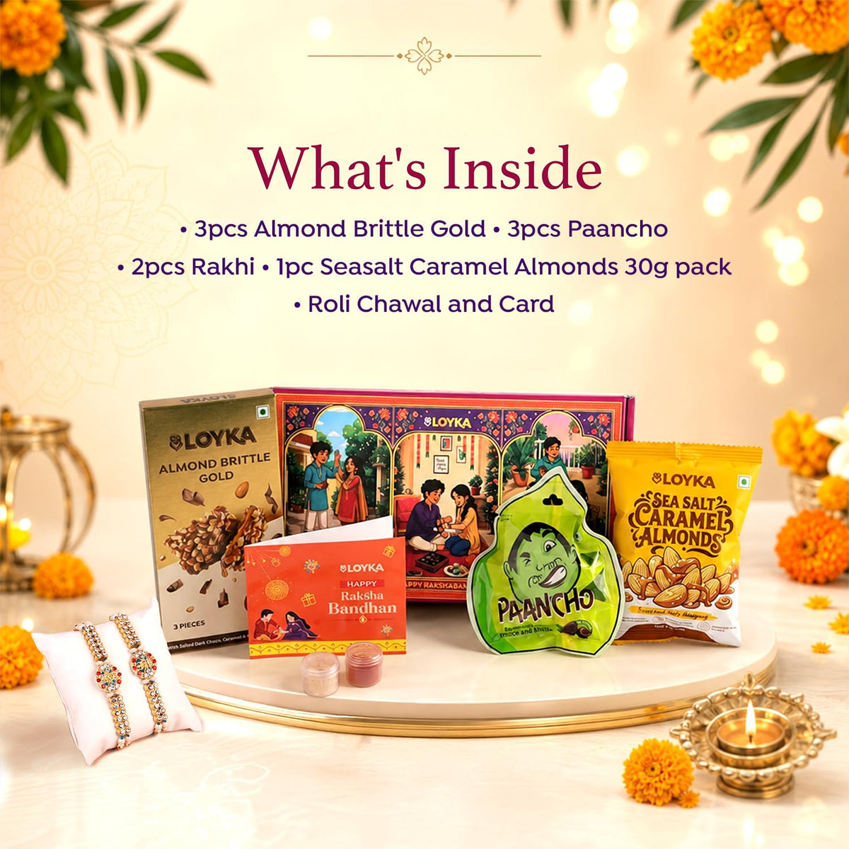 LOYKA Festive Aura Rakhi Gift Hamper for Brother & Sister -12 Inclusions - Premium Almond Brittle Gold, Caramel Almonds & Paancho Chocolate Sweets Combo - 2 Rakshabandhan Set with, Roli Chawal & Card