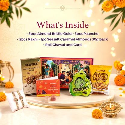 LOYKA Festive Aura Rakhi Gift Hamper for Brother & Sister -12 Inclusions - Premium Almond Brittle Gold, Caramel Almonds & Paancho Chocolate Sweets Combo - 2 Rakshabandhan Set with, Roli Chawal & Card