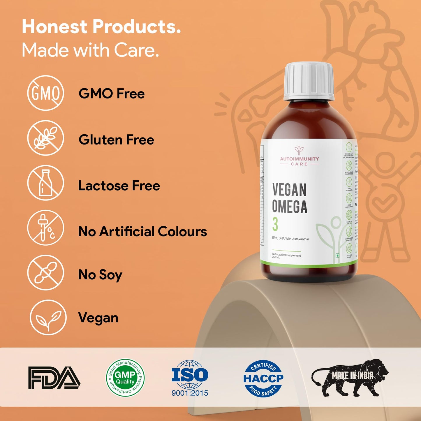 Autoimmunity care Vegan Omega 3 Oil | EPA, DHA With Astaxanthin | Health Supplement For Heart, Brain, Eye, Skin, Muscles, Bone & Joint Support | Better than Fish Oil | 100% Vegetarian | 250 ML Oil