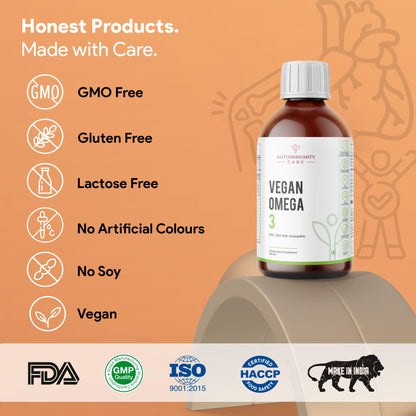 Autoimmunity care Vegan Omega 3 Oil | EPA, DHA With Astaxanthin | Health Supplement For Heart, Brain, Eye, Skin, Muscles, Bone & Joint Support | Better than Fish Oil | 100% Vegetarian | 250 ML Oil