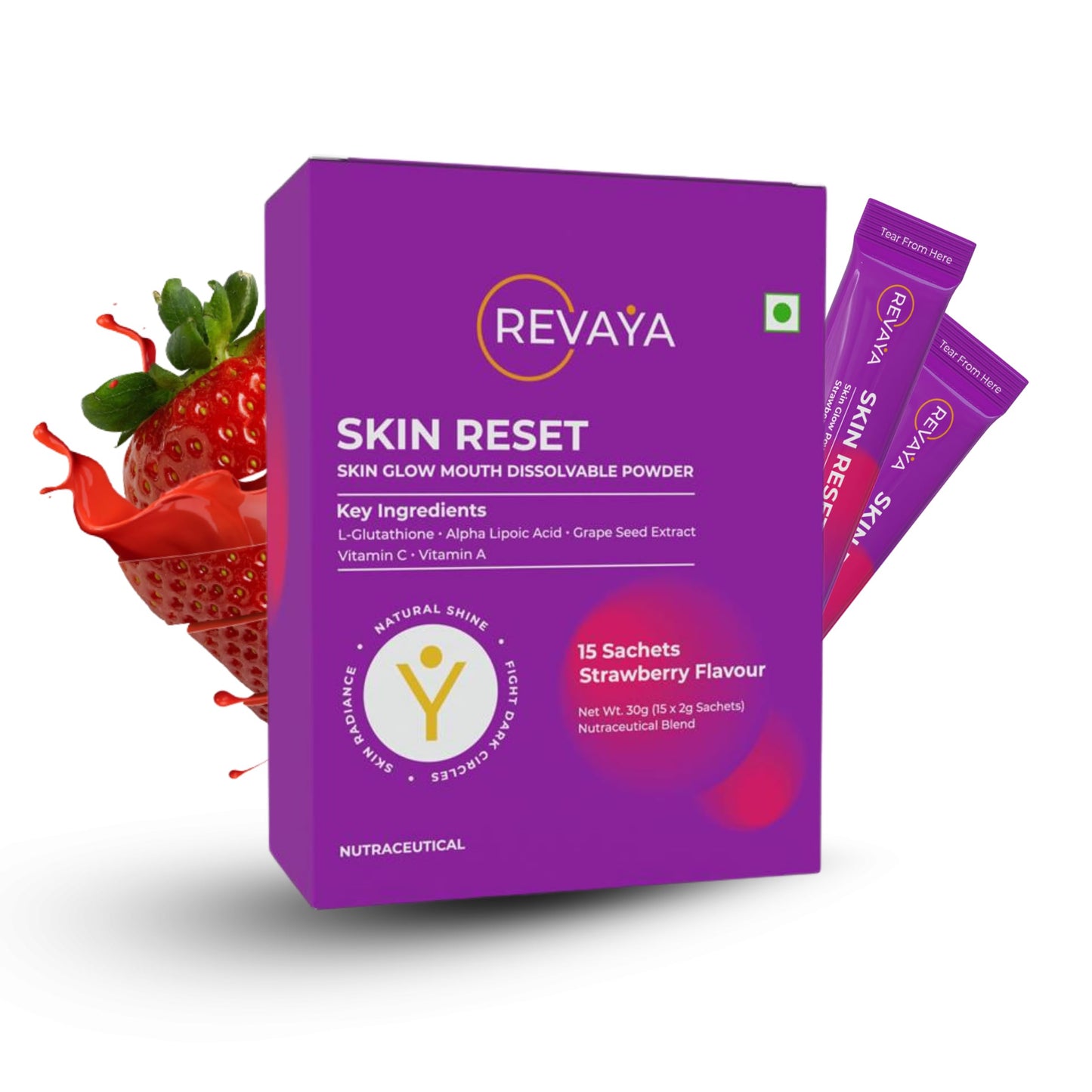 Revaya Skin Reset Plant Based L-Glutathione for Skin Glow, Pigmentation & Dark Spots | Sugar Free, With L-Glutathione Supplement, Vitamin C, Grape Seed Extract | Helps in Skin Brightening, Detox & Collagen Booster | 15 Sachets Strawberry Flavour