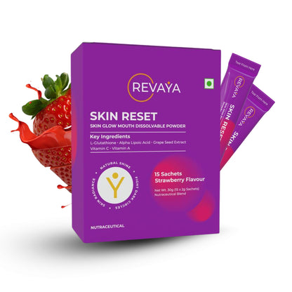Revaya Skin Reset Plant Based L-Glutathione for Skin Glow, Pigmentation & Dark Spots | Sugar Free, With L-Glutathione Supplement, Vitamin C, Grape Seed Extract | Helps in Skin Brightening, Detox & Collagen Booster | 15 Sachets Strawberry Flavour