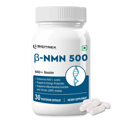 Biotrex Nutraceuticals NMN 500 Supplement, 99% High Purity, NAD Booster, Healthy Energy Levels & Skin Health - 30 Vegetarian Capsules