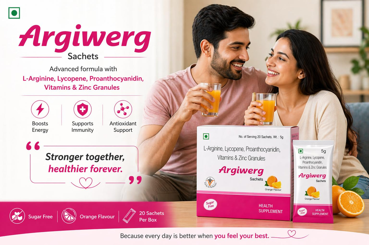 Argiwerg L-Arginine, Lycopene, Proanthocyanidin, Vitamins & Zinc Granules Sachets for Men & Women | Energy, Stamina & Antioxidant Support Drink Mix | Orange Flavour | 20 Sachets (Pack of 2)