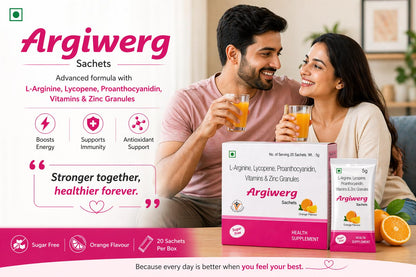 Argiwerg L-Arginine, Lycopene, Proanthocyanidin, Vitamins & Zinc Granules Sachets for Men & Women | Energy, Stamina & Antioxidant Support Drink Mix | Orange Flavour | 20 Sachets (Pack of 2)