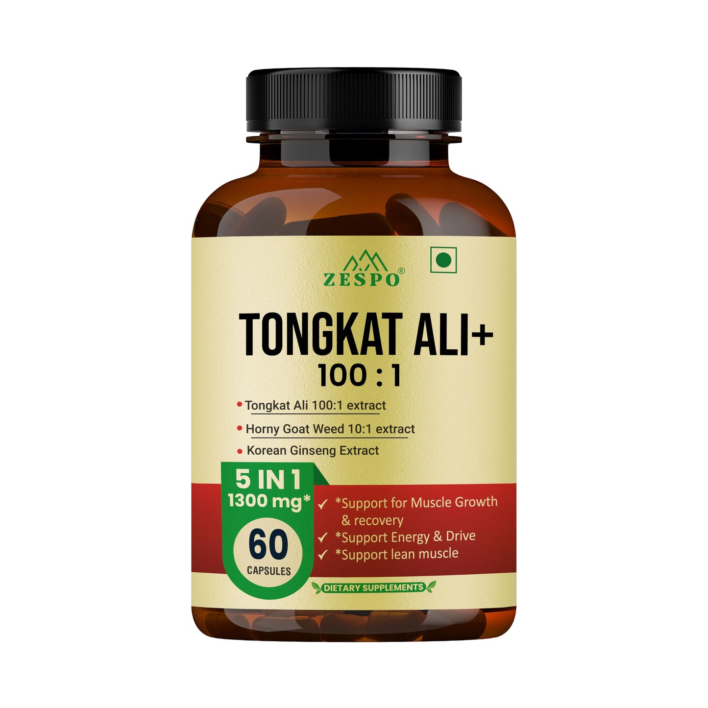 ZESPO Tongkat Ali 100:1 Extract 1300mg 5-in-1 with Korean Ginseng, Beet Root 20:1, L-Arginine & Epimedium Grandiflorum | 60 Veg Capsules | 30 Servings | Herbal Supplement