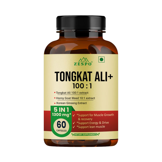 ZESPO Tongkat Ali 100:1 Extract 1300mg 5-in-1 with Korean Ginseng, Beet Root 20:1, L-Arginine & Epimedium Grandiflorum | 60 Veg Capsules | 30 Servings | Herbal Supplement