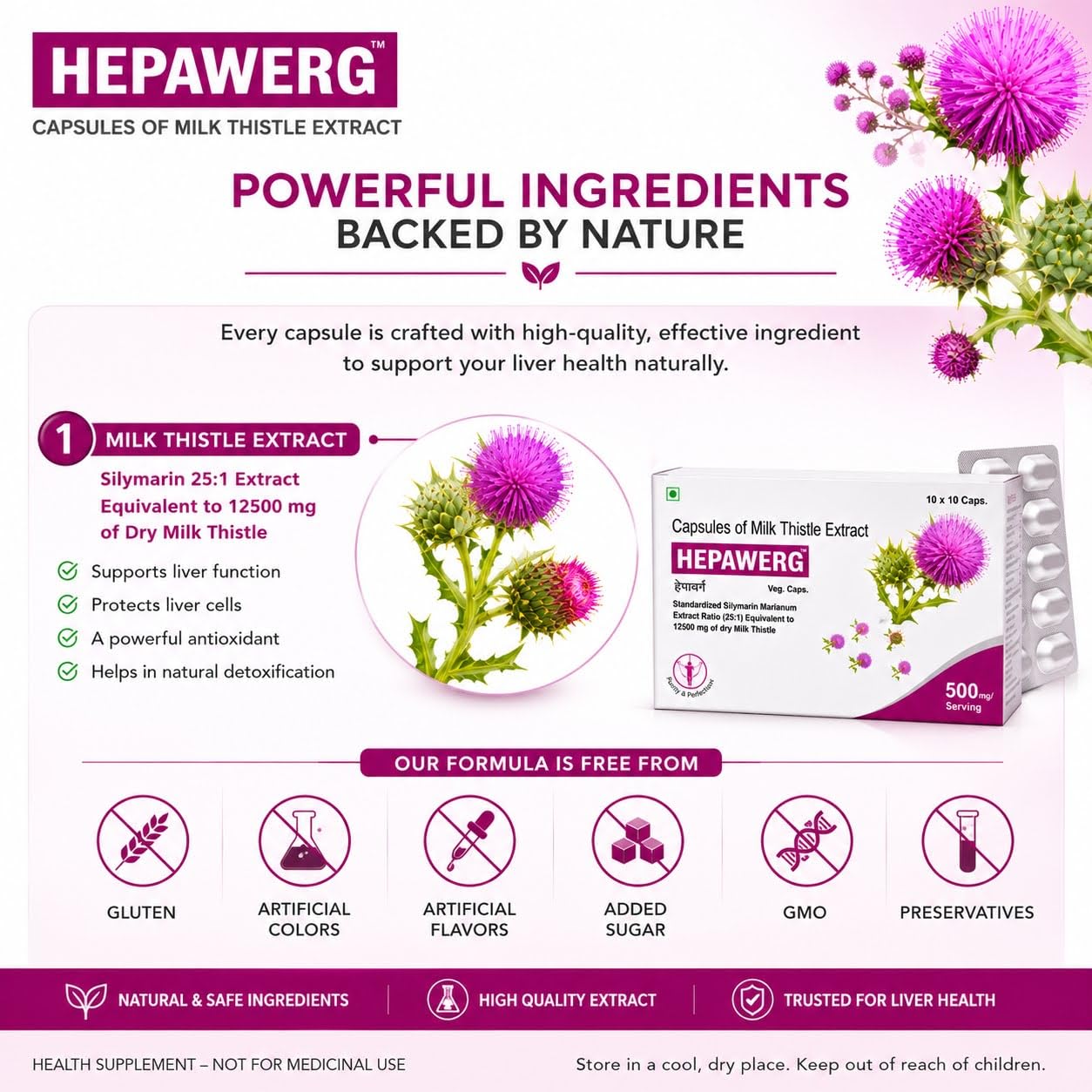 Hepawerg Milk Thistle Capsules with Silymarin for Liver Support, Detox & Cleanse | Liver Health Supplement for Fatty Liver Care, Antioxidant Protection & Daily Wellness | 30 Veg Capsules