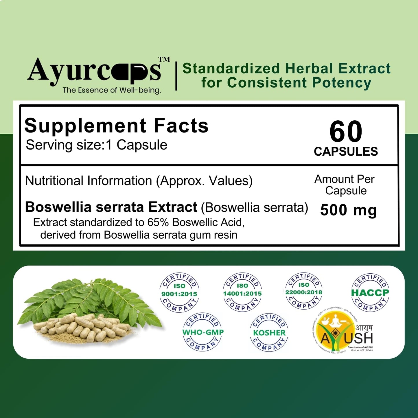 Ayurcaps Boswellia Serrata 500mg Capsules | 60 Veg Capsules | Ayurvedic Herbal Supplement For Joint Support And Flexibility | Plant Based Extract For Men And Women