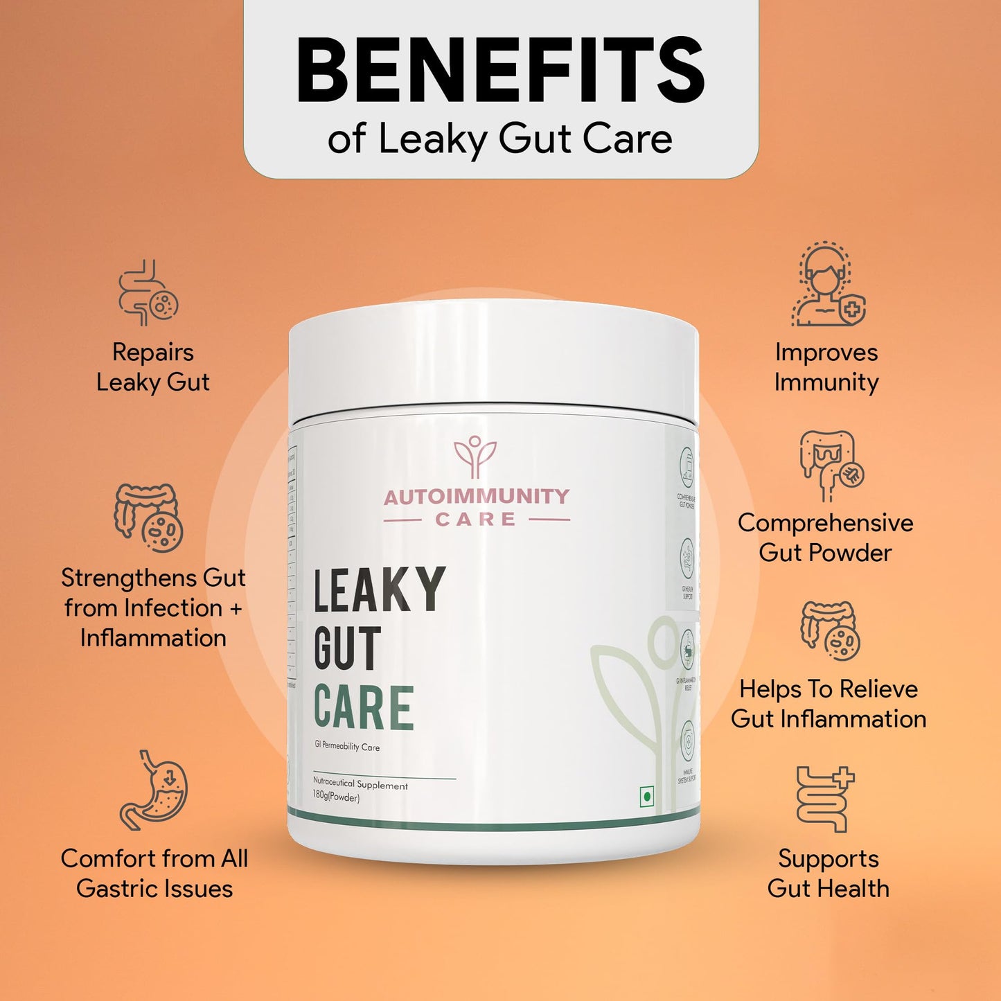 Autoimmunity care: Leaky Gut Care - Complete Gut Support | Fights Infections, Anti-Inflammatory | Advanced Formula with L Glutamine, Zinc Carnosine, Aloe Vera, Vegan, Non-GMO | 180g, Powder