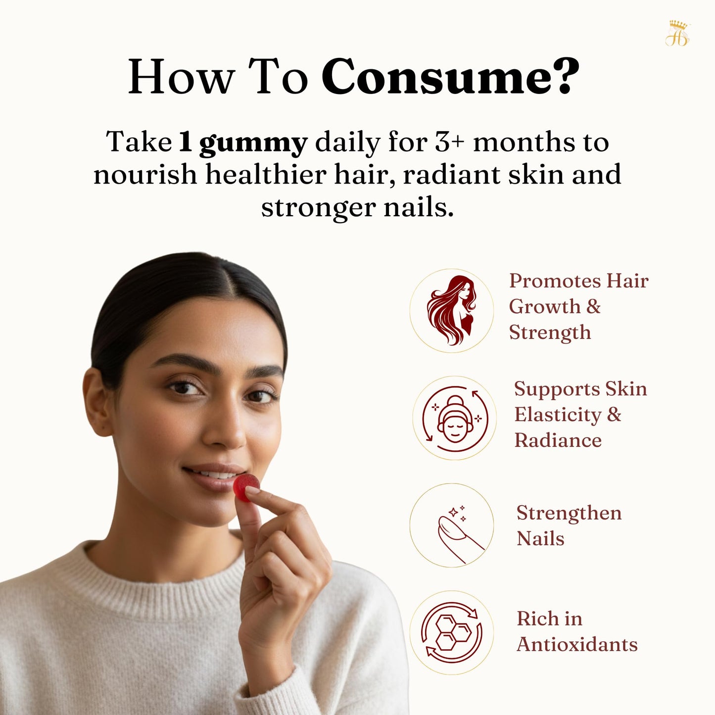 Her Highness GLOW Hair Skin & Nails Gummies for Women | 30 Gummies | Biotin, Vitamin B Complex, Vitamins A, C, D, E, Folic Acid, Nicotinamide | Healthy Hair, Radiant Skin & Strong Nails Support | No Added Sugar | No Added Preservatives | 100% Veg | Cranbe