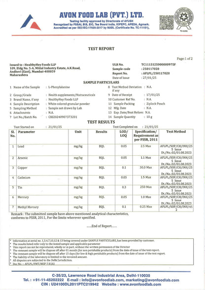 HealthyHey Nutrition L-Phenylalanine 60 Vegetarian Capsules - Gluten Free - Non GMO