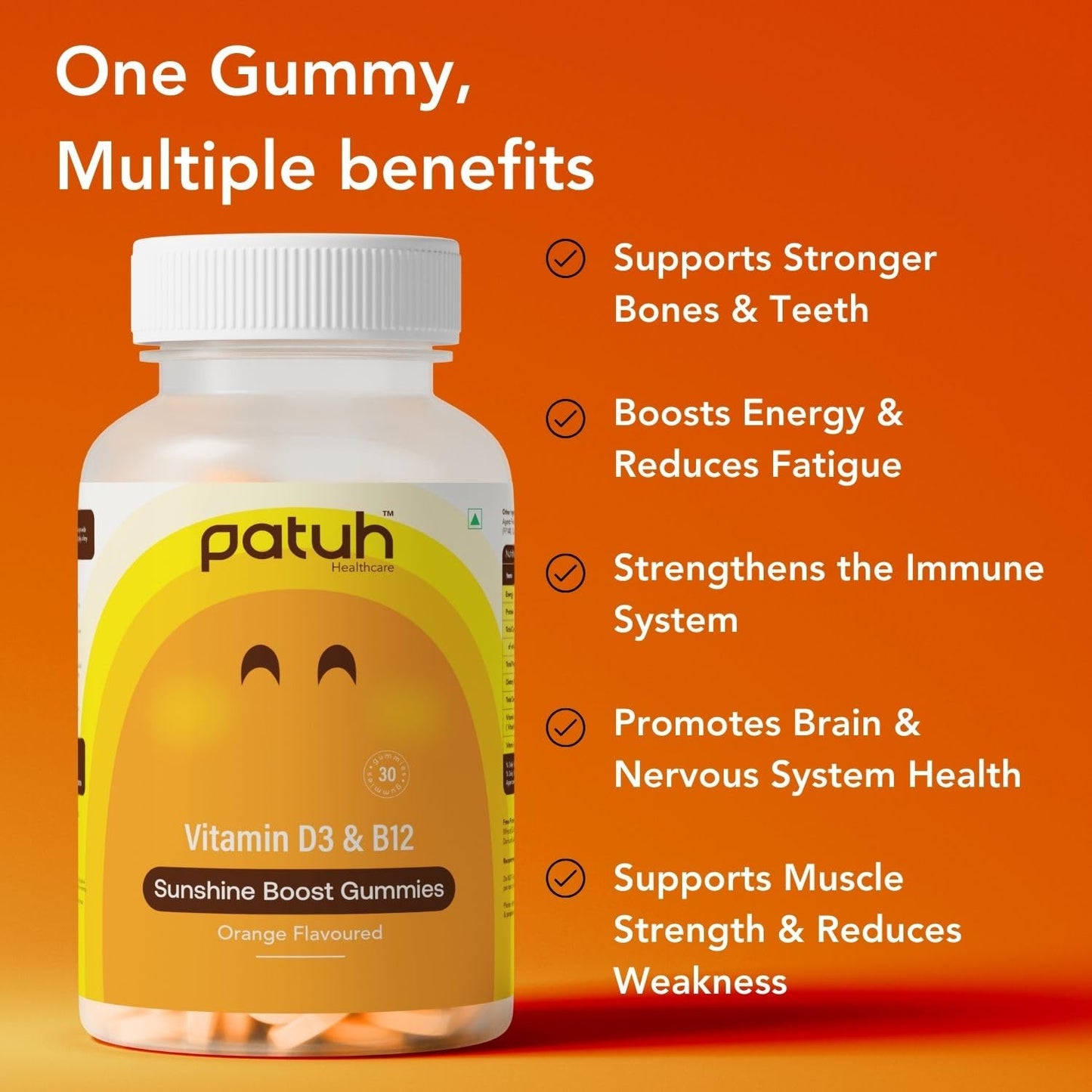 Patuh Healthcare Vitamin D3 & B12 Gummies for Men & Women, Immunity & Bone Health, Reduces Fatigue, Vitamin B12 Supplements, 100% Veg, Sugar Free (Orange Flavour, 30 Gummies)