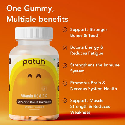 Patuh Healthcare Vitamin D3 & B12 Gummies for Men & Women, Immunity & Bone Health, Reduces Fatigue, Vitamin B12 Supplements, 100% Veg, Sugar Free (Orange Flavour, 30 Gummies)