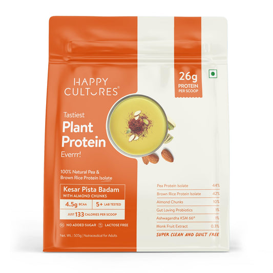 Happy Cultures 26g Tastiest Plant Protein| Kesar Badam Pista | Pea & Brown Rice Protein Isolate| No Added Sugar| Vegan| 20 Complete Amino Acids| Monk Fruit Extract| Women & Men| No Bloating, Easy to Digest| Dairy Free with Probiotics- 505g, Kesar Pista