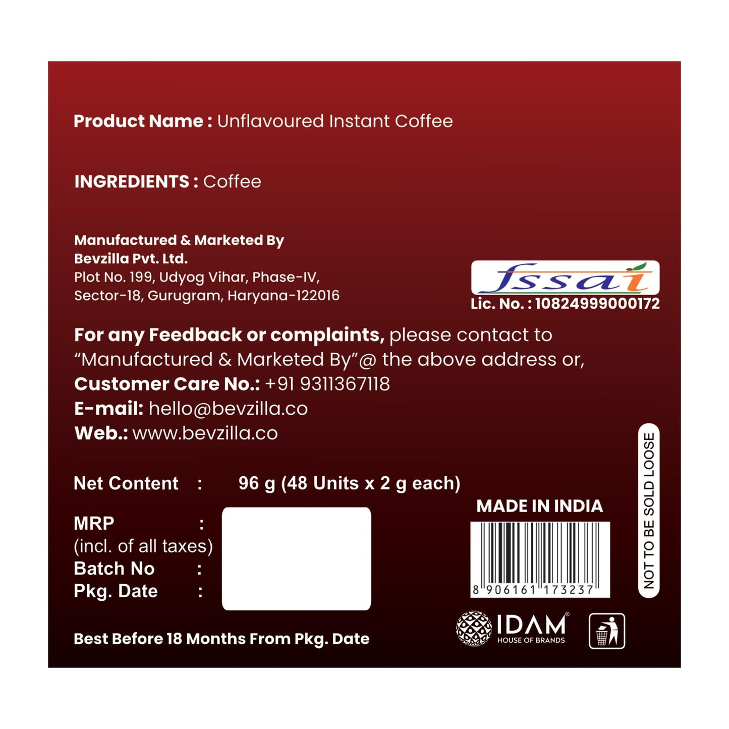 Bevzilla 48 Classic Instant Coffee Sachets | Arabica Coffee | Perfect for Espresso, Latte & Cappuccino | Enjoy Hot & Cold Brews | 96g