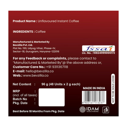 Bevzilla 48 Classic Instant Coffee Sachets | Arabica Coffee | Perfect for Espresso, Latte & Cappuccino | Enjoy Hot & Cold Brews | 96g