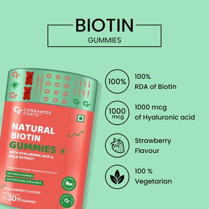 Carbamide Forte Biotin Gummies for Hair Growth|Hair growth Gummy for Longer, thicker and Healthier Hair | Biotin Supplement for Men & Women - 30 Veg Strawberry-flavoured Gummies