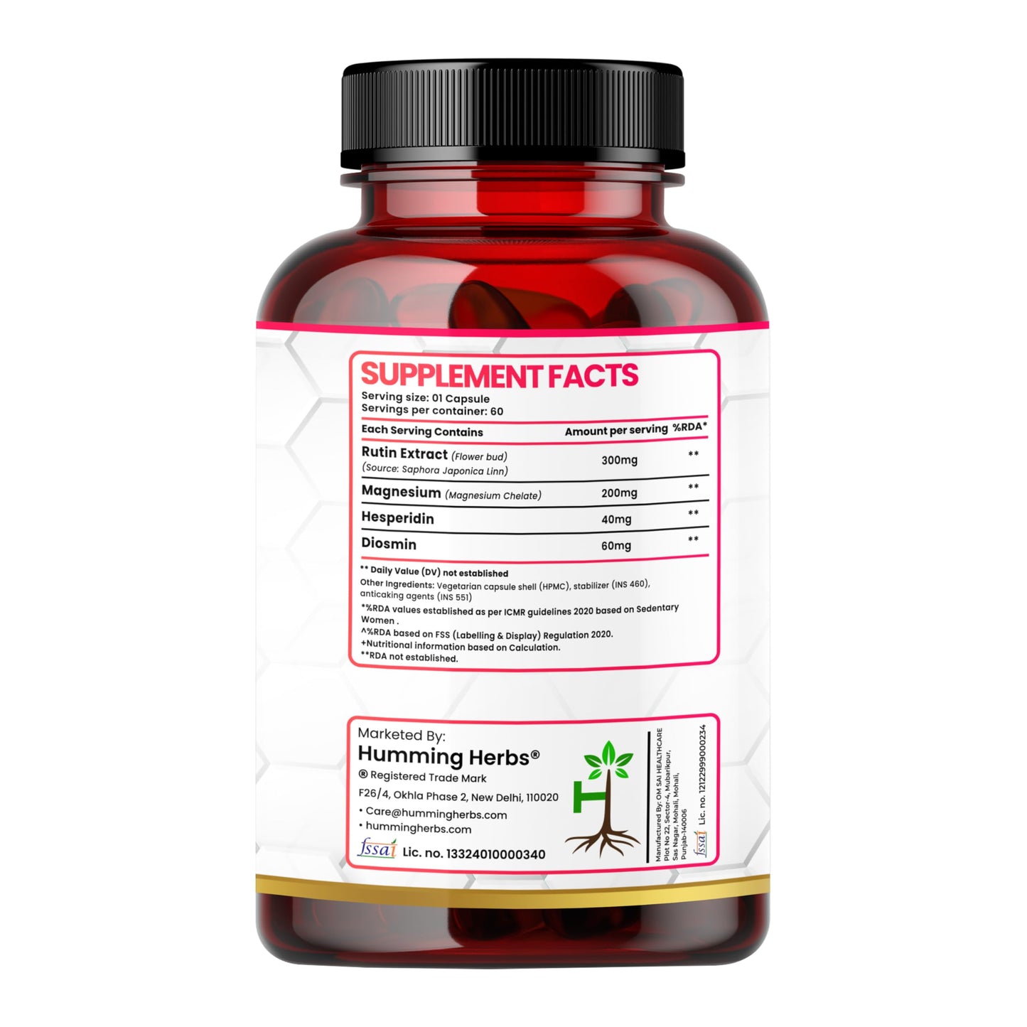 Humming Herbs Rutin 600mg Capsules - Vessel Support & Heart Health Formula with Anti-Inflammatory Benefits- 60 Capsules