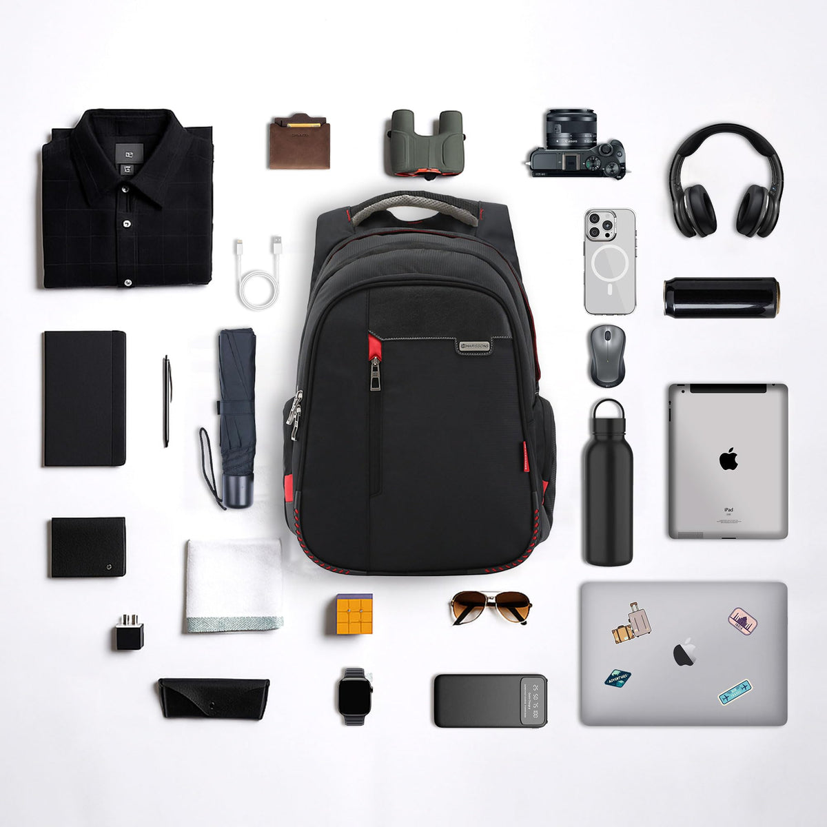 HARISSONS Sirius Travel Laptop Backpack | 45L | Fits 15.6” Laptop | Heavy-Duty Build | USB & Audio Port, Multi-Level Organizer, Trolley Sleeve | Work, Travel & College (black)
