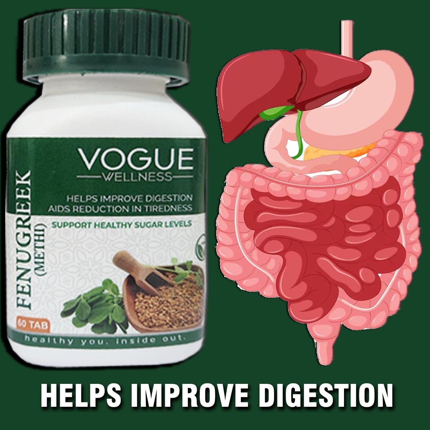 Vogue Wellness Fenugreek Tablets (Methi) | Natural Herbal Supplement for Digestive Health & Wellness | Supports Healthy Blood Sugar Levels & Hormonal Balance | 60 Tablets
