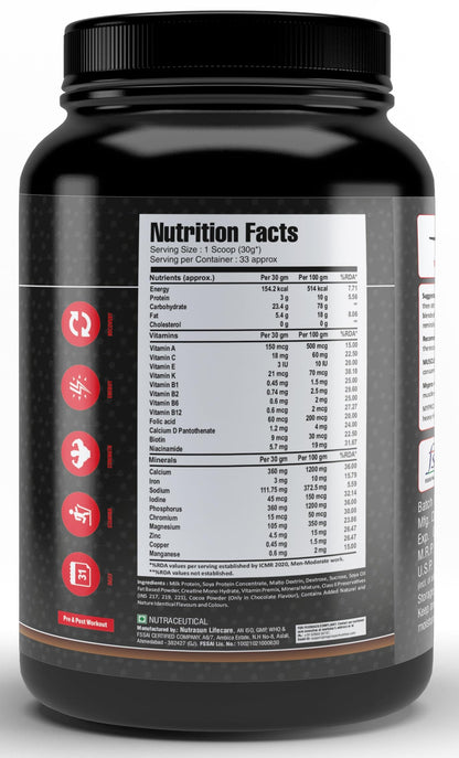 Mypro Sport Nutrition Complex Weight Gainer High Protein Supplement Powder(10g Protein,514g Calories,78g Carbs,25g Vitamins,Serving-33 Scoops) For Men & Women-Chocolate Flavour-1 Kg