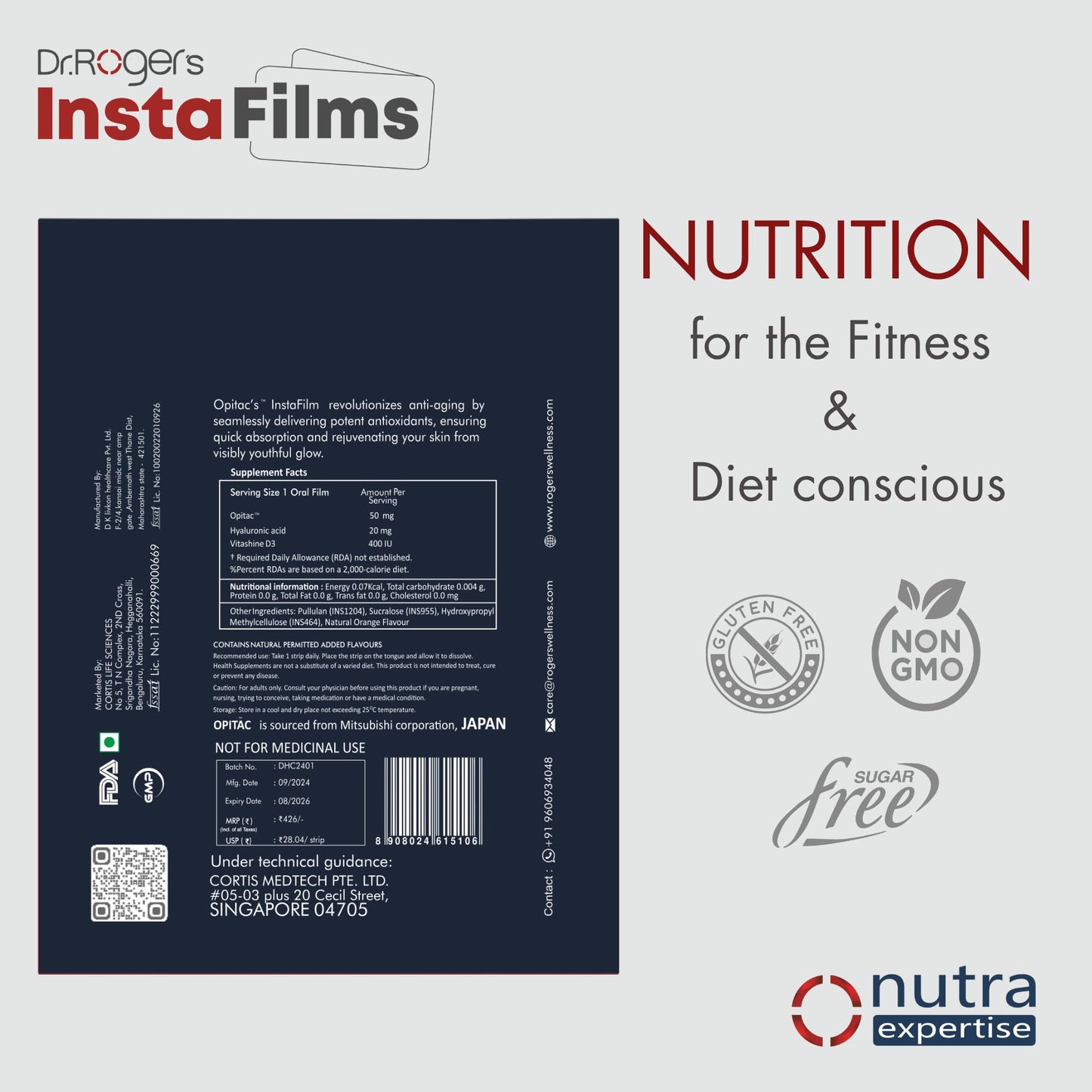 Nutra Expertise | Skin Glow Instafilms | Opitac(Glutathione), Hyarulonic acid & Vit-D3 for Skin hydration & Glow | 30 Oral Films in a Zipper Pouch.