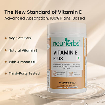 Neuherbs Vitamin E Plus Capsules for Skin & Hair | Plant-Based Vitamin E Supplement with Almond & Sunflower Oil | Supports Glowing Skin & Hair Strength | Vegan | 60 Capsules