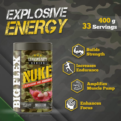 Bigflex Nuke Pre Workout Powder| 33 Servings |Energy Booster (Lychee, 400Gm)